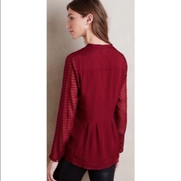 Anthropologie Meadow Rue Silk Burgundy Swiss Dot Tie Neck Blouse - Picture 2 of 9